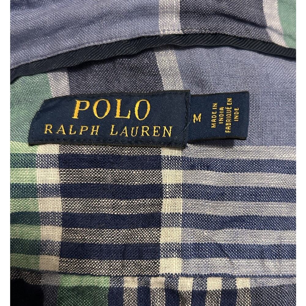 Polo Ralph Lauren Mens Med 100% Linen Plaid Long Sleeve Utility Shirt Blue / Grn - Picture 4 of 7
